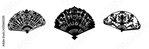 Victorian handheld folding fan set with ornate line art featuring royal decorative flourishes with isolated white background and Victorian embellishments