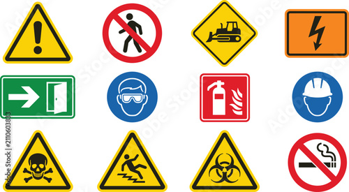 Foto Industrial Safety Sign Vector Icon Set Featuring Warning Hazard Prohibited Cauti