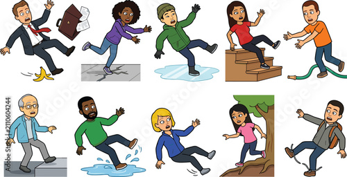 Fotografie Accident and Slip Trip Fall Vector Illustration Set Featuring People Tripping Sl