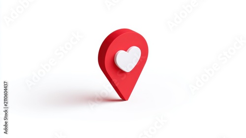 3D Red Map Pin with White Heart Icon - Love Location Marker