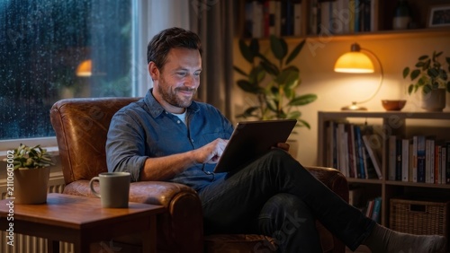 Man relaxing in armchair using digital tablet by window on rainy evening at home