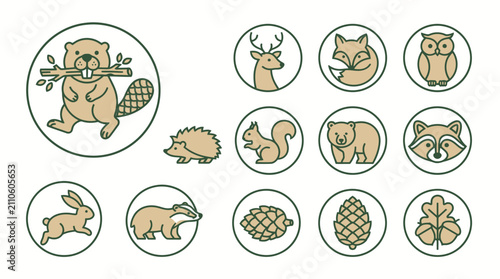 Foto Collection of Forest Animals and Nature Elements in Circular Icons