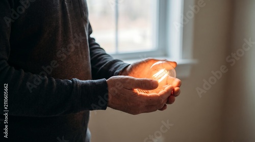 Man holding glowing light bulb in cupped hands with soft window light illuminating idea concept