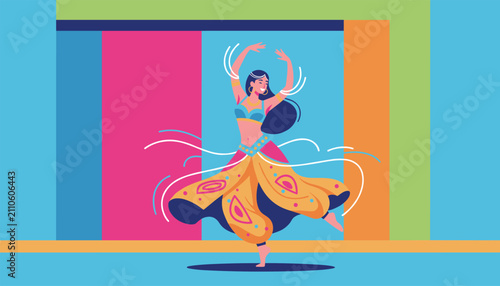 Talented belly dancer performing in a vibrant costume with flowing fabrics against a colorful and artistic background.