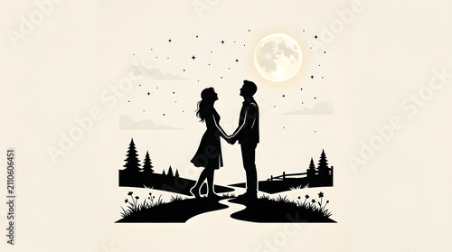 A romantic silhouette of a young couple holding hands under the moonlight in a starry landscape