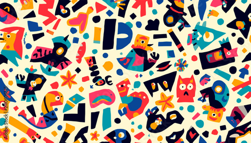 Bild auf Leinwand Vibrant and playful abstract pattern featuring a multitude of colorful cartoon characters and whimsical shapes on a light background