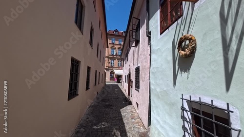 POV walking shot through narrow cobblestone streets of Cesky Krumlov history