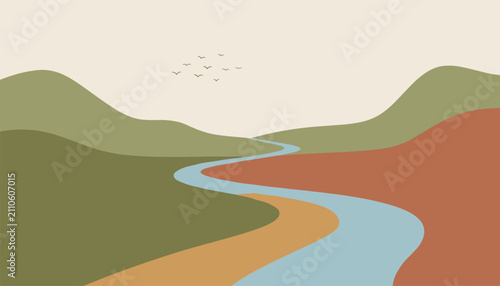 Minimalist landscape illustration of a blue winding river flowing through green and red rolling hills under a soft sky with birds.