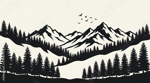 Minimalist Black and White Vector Illustration of a Majestic Mountain Landscape with Pine Forests and Flying Birds