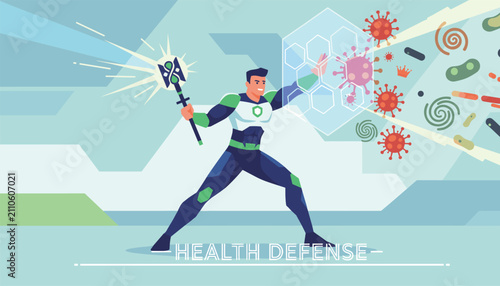 Superhero character using a shield and a glowing staff to defend against flying viruses and bacteria in a health defense concept.