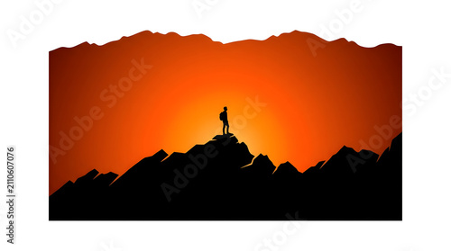 A traveler silhouette standing triumphantly on a mountain peak during a breathtaking vibrant sunset