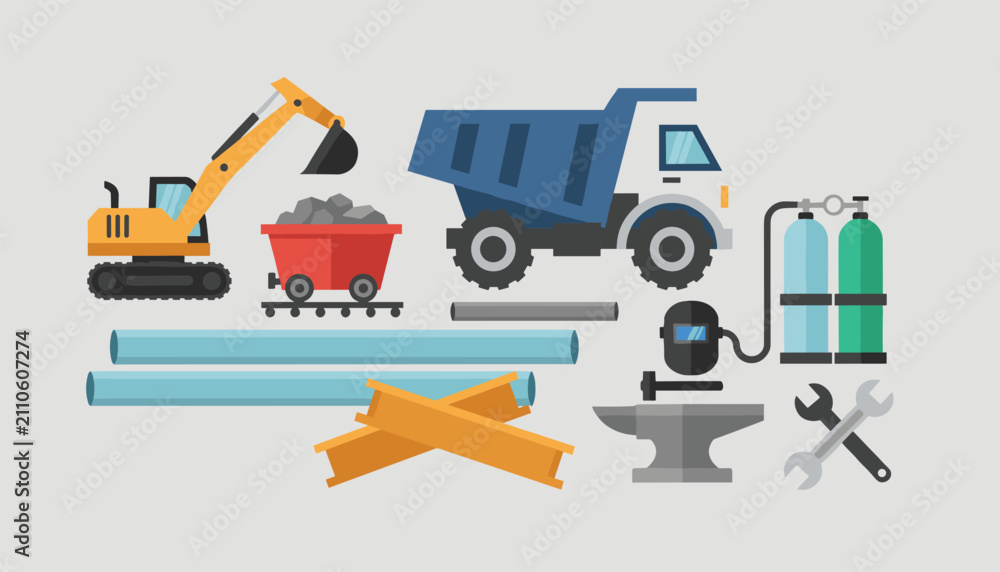 Naklejka premium Industrial construction and mining equipment icons including an excavator, dump truck, welding tanks, pipes, and metalworking tools.
