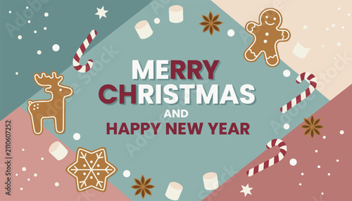Festive holiday background for Merry Christmas and Happy New Year featuring gingerbread cookies, candy canes, and star anise on colorful planes.