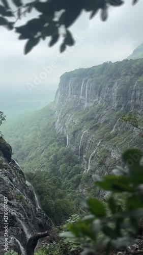 4K view of multiple monsoon waterfalls in a breathtaking valley of the Sahyadri mountain range, India
