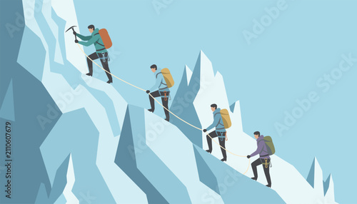 Team of four professional mountain climbers scaling a steep, snow-covered mountain peak using ropes and ice axes for safety.