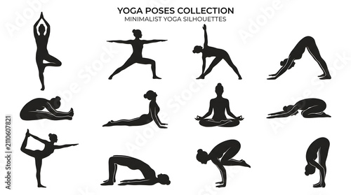 Minimalist yoga poses silhouettes set showing various female asana figures on white background