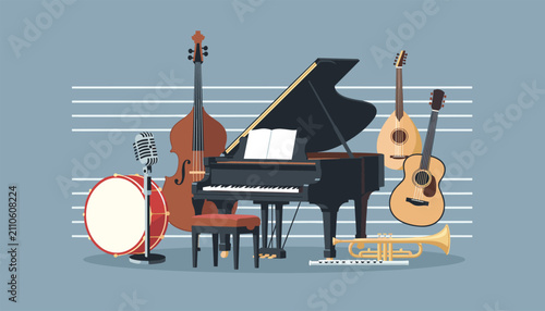 Assortment of musical instruments including a grand piano, double bass, drums, guitars, trumpet, and flute against a musical staff background.