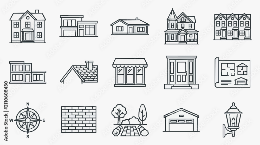 Fototapeta premium Modern Black and White Line Drawing Icons Set Featuring Various House Types Compass Wall Garden Garage and Street Lamp