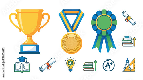 Learning achievement vector set with academic success icons for student education