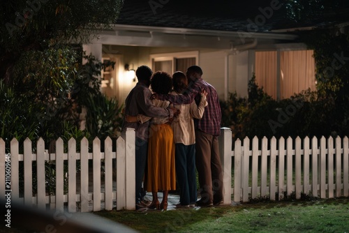 A close-knit group shares an intimate moment by a picket fence at night.
