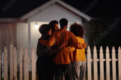 Warm group hug among friends or family outside a home at night