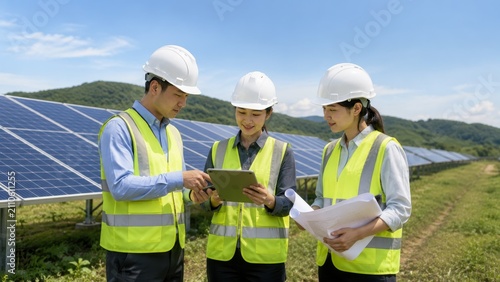 Group of engineers working together on solar energy initiative in a lush landscape with a bright blue sky