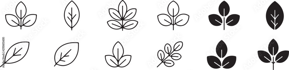 Obraz premium Minimal Leaf Line Icon Set, Nature, Eco and Botanical Outline Vector Collection Isolated on White Background