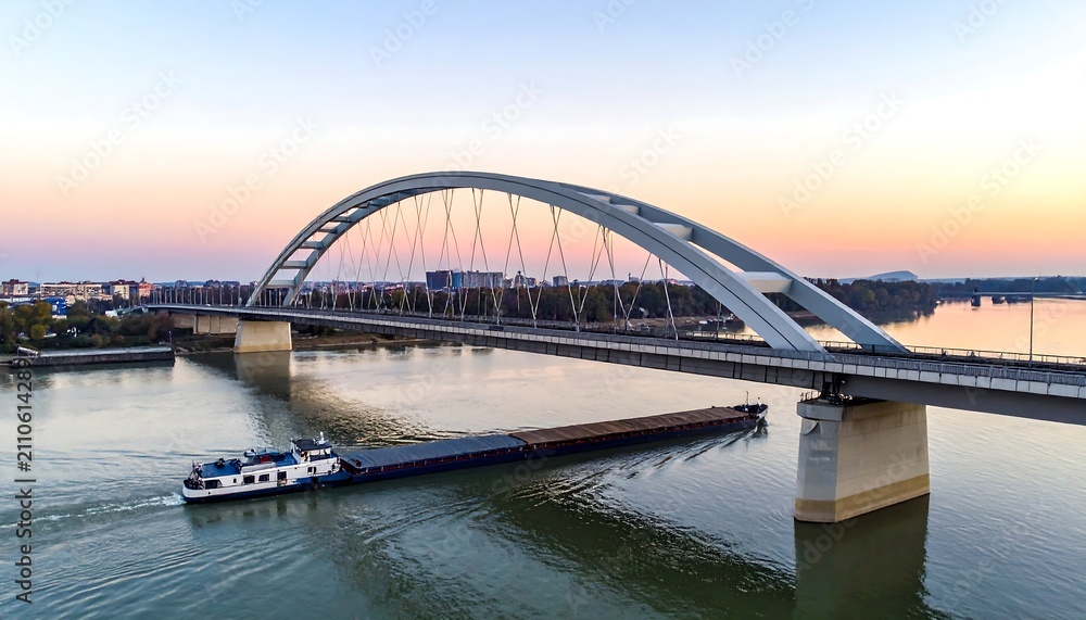 Fototapeta premium Aerial view captures a large arched bridge over a wide river at dusk. A cargo barge travels beneath. Distant city skyline visible