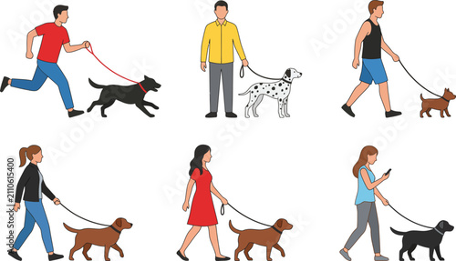 people walking dogs vector set clipart graphic element isolated on white background