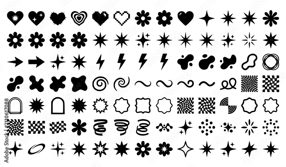 Fototapeta premium Black silhouette icon set stars flowers lightning and geometric shapes