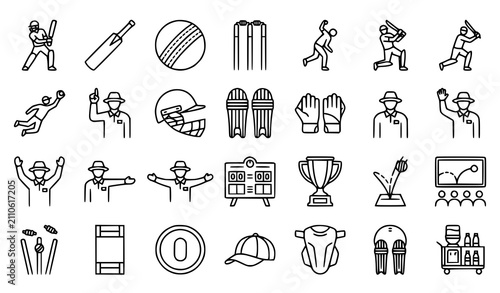 Fotografie Cricket sport line icons set gameplay equipment and referee illustrations