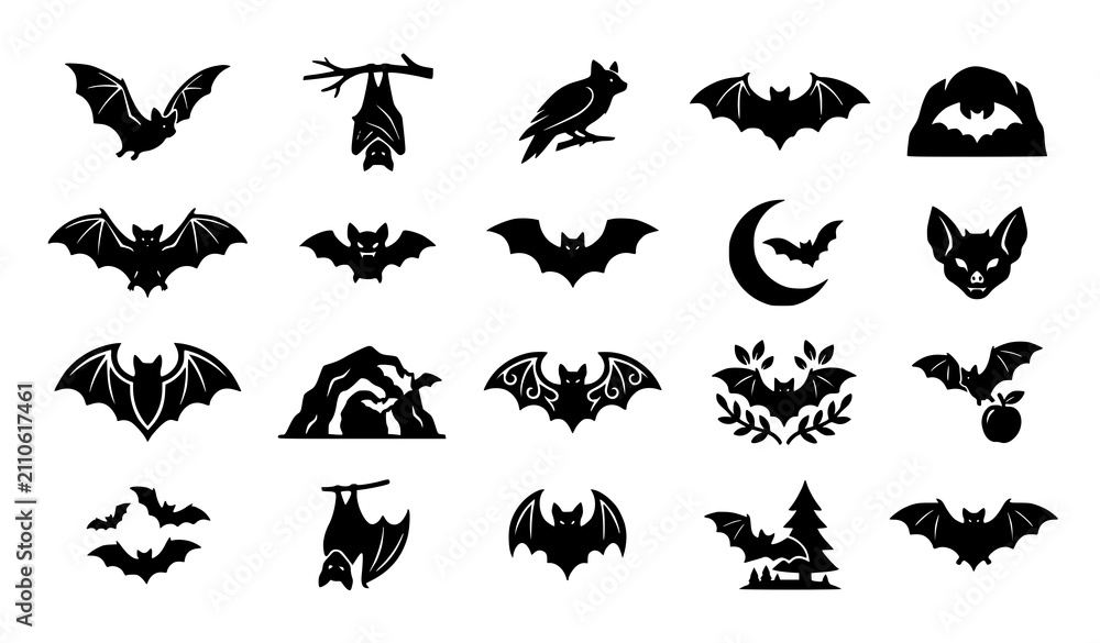 Fototapeta premium Black silhouette bat collection for halloween designs and spooky graphics