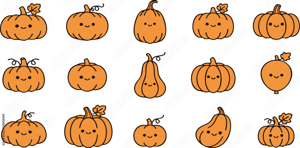 Fototapeta premium Minimal Halloween Pumpkin Clipart Bundle | 15 Flat Orange Pumpkin Vector Icons