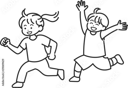 Konstfotografi 走り回る男児と女児のイラスト　線画のみ