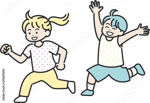 走り回る男児と女児のイラスト