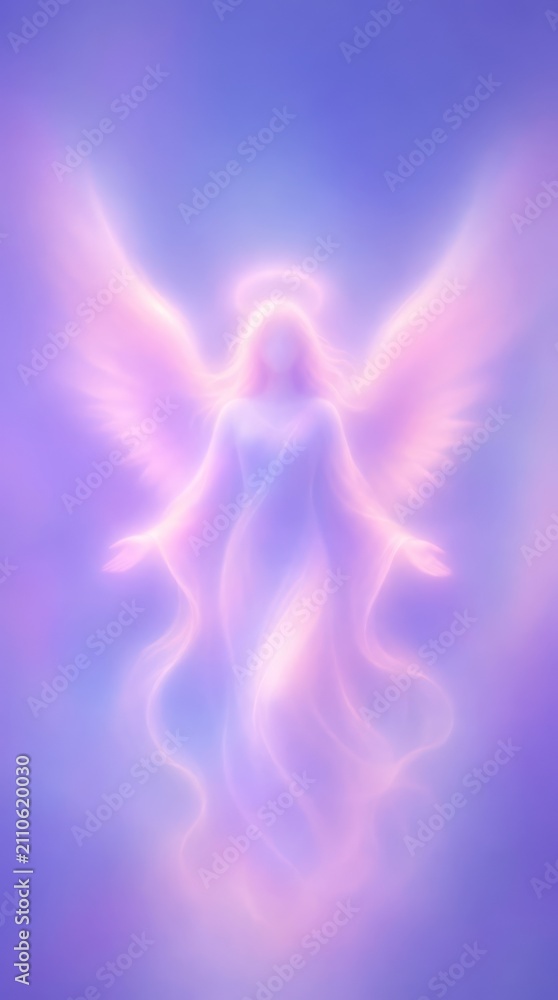 Obraz premium Ethereal angel with glowing wings in soft pastels, perfect for mobile wallpaper.