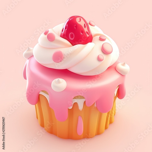 Delicious 3d rendered cupcake with sweet pink frosting, colorful sprinkles, a vibrant red strawberry topping, and a textured golden wrapper, emphasizing celebration and sugary delights