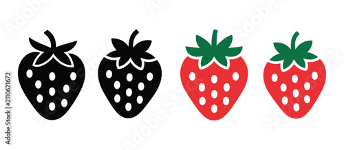 Fotografie Strawberry Fruit icons featuring black outline and vibrant red berry styles for food, agriculture, healthy nutrition, packaging, and fresh produce design