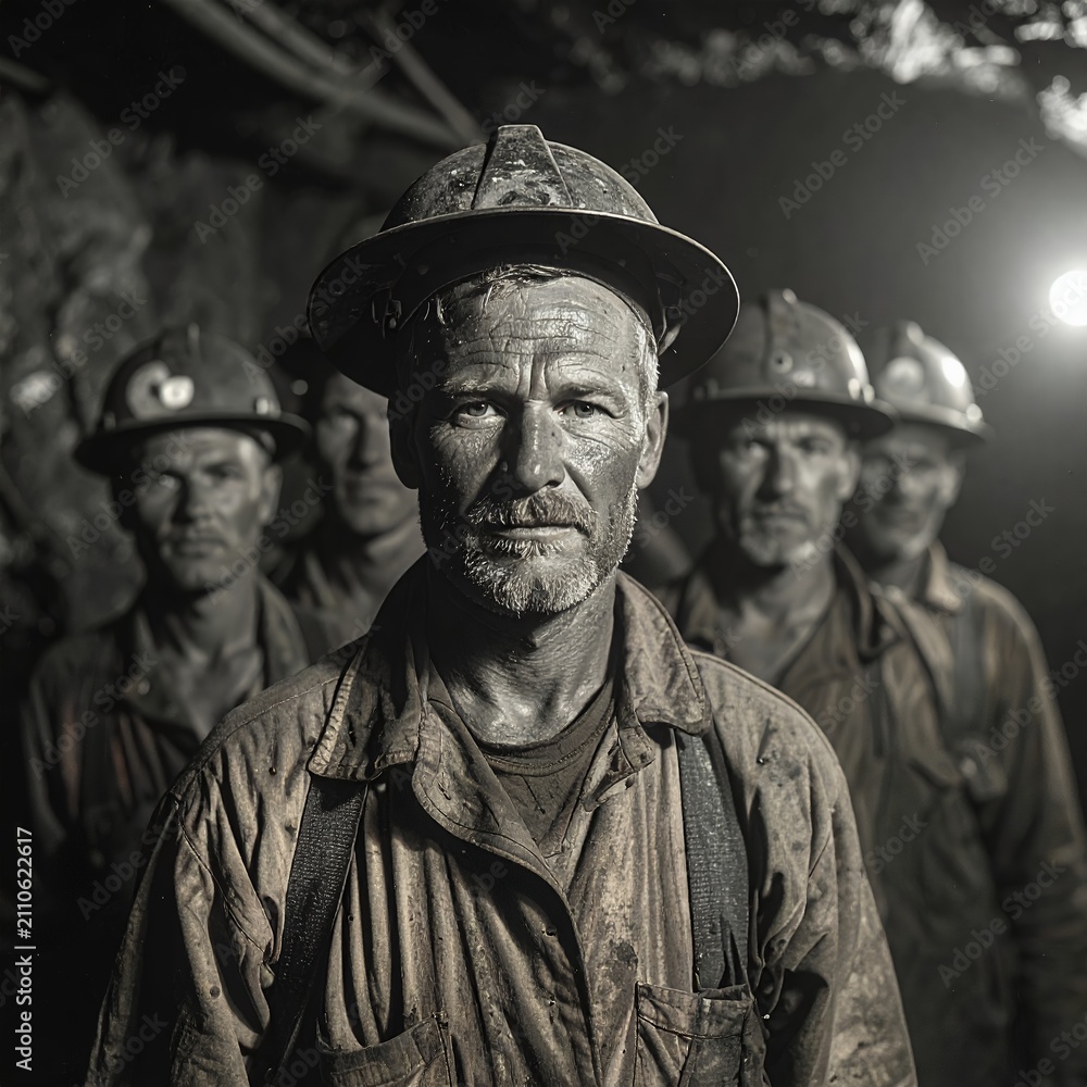 Fototapeta premium Portrait of a determined coal miner in a dark mine shaft.