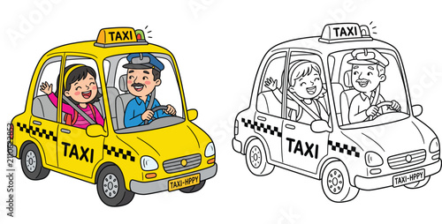 ellow taxi cab with driver and happy girl passenger