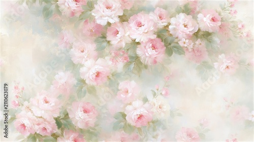 Growth and renewal in a dreamy vintage floral composition featuring soft pink and white roses, sage leaves, and pastel tones perfect for elegant spring branding.