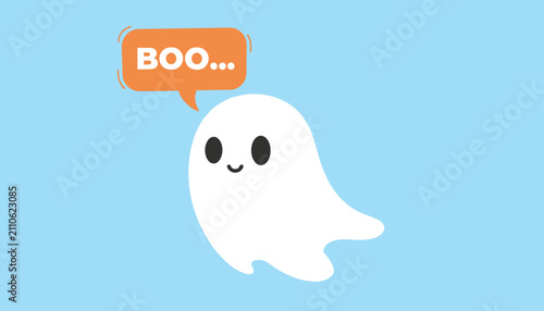 Cute little cartoon ghost with a speech bubble saying boo on a light blue background for a friendly Halloween design.