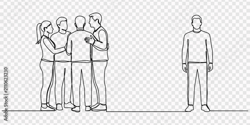 Obraz na płótnie continuous line drawing a group of people standing together and one person standing alone