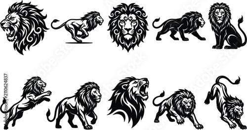 Fotografía Collection of powerful black lion vector silhouettes roaring head mascots and dy