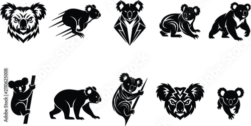 Photography Set of fierce koala bear vector silhouettes tribal mascot head logos and dynamic