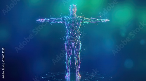 Vibrant 3D rendering of a human figure in Meridians: Energy Flow Channels Connecting Various Parts