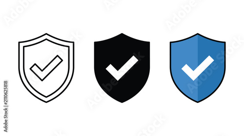 Shield checkmark icons for security and protection, blue and black safety shield symbols, verified guarantee vector set for web interface