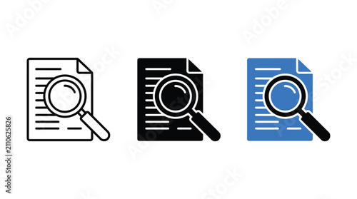Document search icon set with magnifying glass, flat vector file inspection symbols, audit and data analysis icons for business reports and research