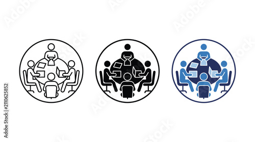 Business meeting icons set, professional team collaboration around round table, corporate conference and workshop symbols for office management