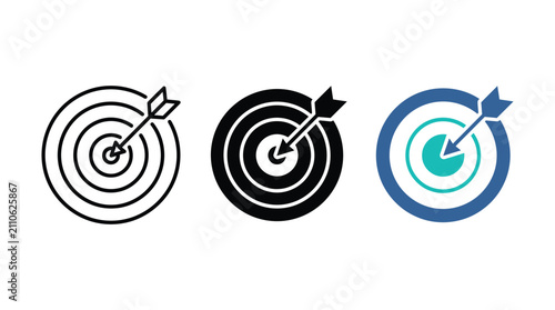 Target icon set with arrow in bullseye, business goal and success concept vector, flat outline and solid achievement symbols for marketing